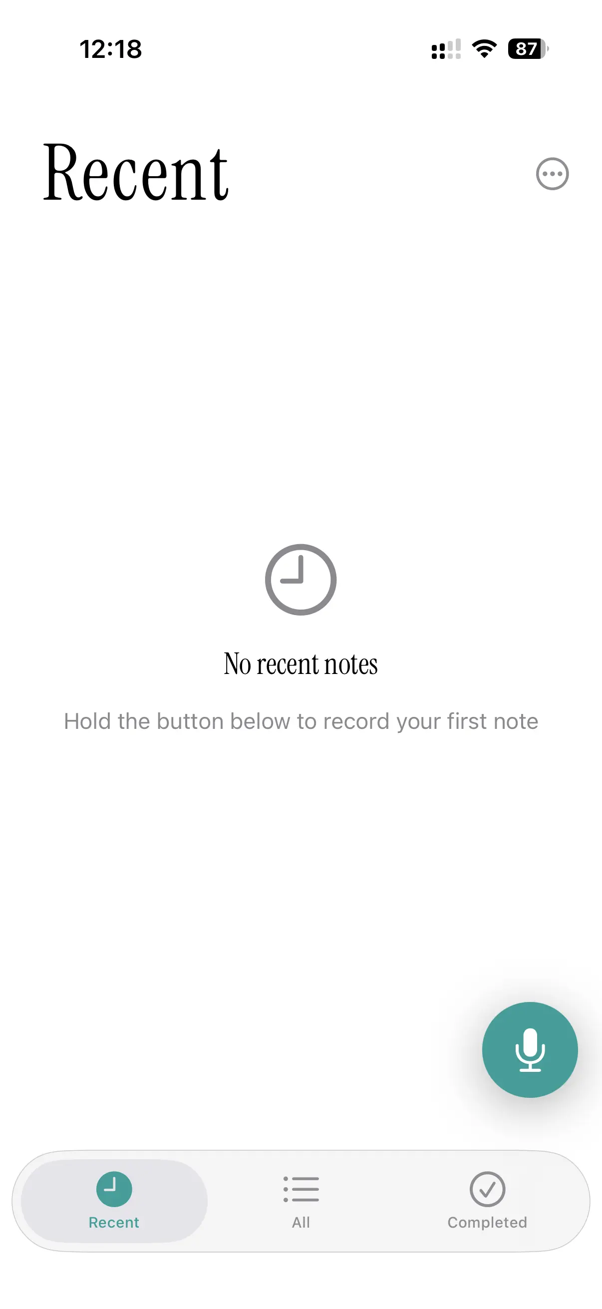 Murmur app empty state showing the record button